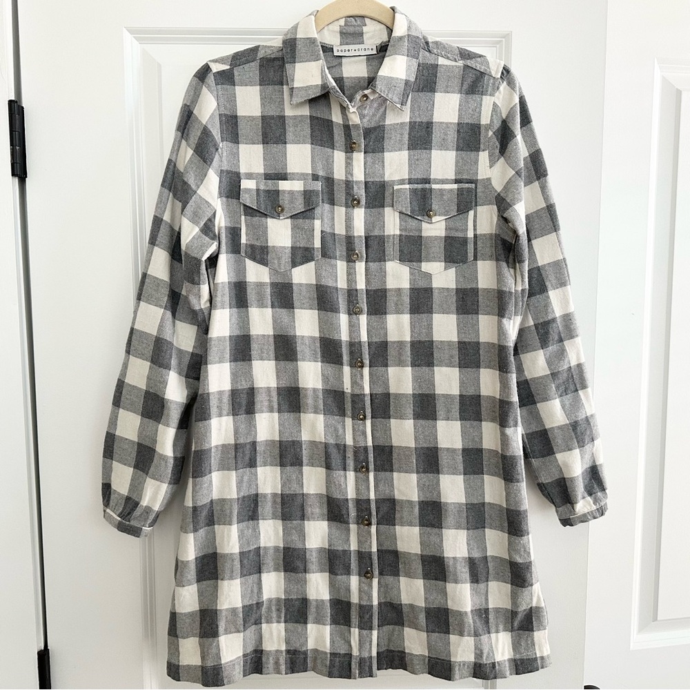 Fall Plaid Flannel Shirt Dress -Grey White Buffalo Check Long Sleeve Button Down